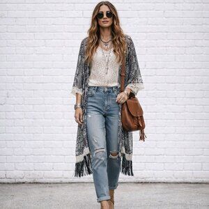 Steve Madden BOHO Black & White Fringed Geometric Kimono SZ L/XL